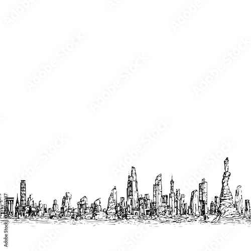 Illustration of a destroyed cityscape with crumbling buildings in a post apocalyptic world view scene