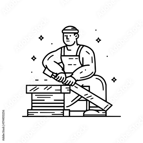 Illustration of a carpenter sawing wood on a stack with stars and dots in a black and white line art style