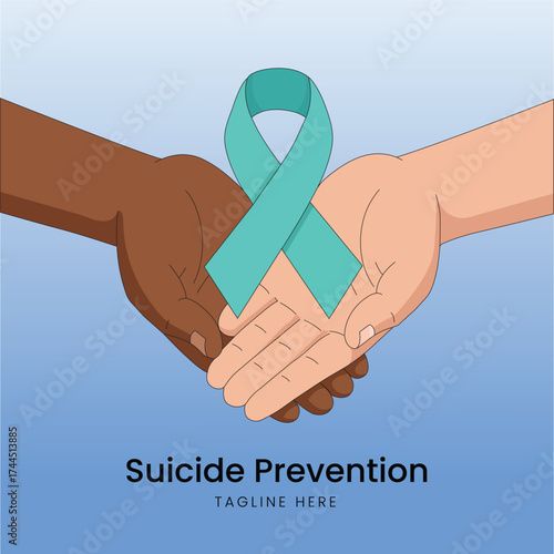Two hands gently holding a teal ribbon, symbolizing suicide prevention, mental health awareness, and support, ideal for non-profit organizations, advocacy groups, or wellness initiatives.
