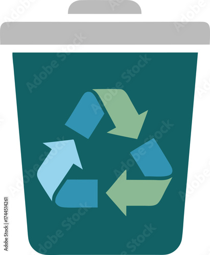 An illustration of a waste bin featuring the universal recycling symbol, representing environmental awareness, waste sorting, and sustainable recycling efforts