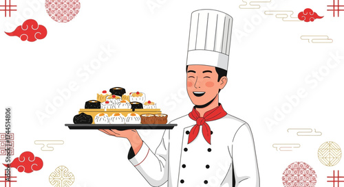 Cheery Chef Presenting Culinary Delights in an Asian Themed Composition Celebrating Food