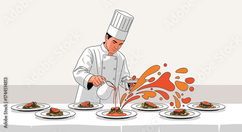 Chef Adding Culinary Sauce To Plates With Artistic Flair Perfecting Gastronomic Delicacies