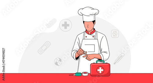 Chef applying a bandage on his finger after an accident at the kitchen workplace