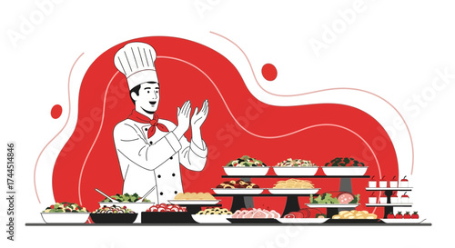 Chef Applauding His Culinary Creations With Delicious Buffet Arrangements