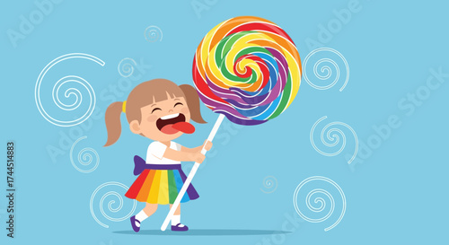 Cheerful Little Girl Delighted to Embrace and Consume a Delicious, Colorful Swirl Lollipop