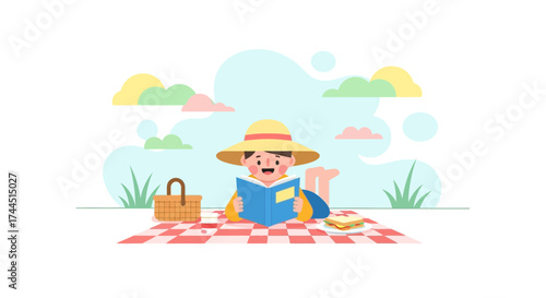 Cheerful Person Enjoying Leisure Time Outdoors Reading A Book During A Picnic
