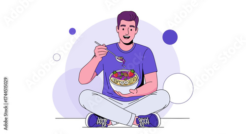Cheerful Person Enjoying Healthy Meal Sitting Cross-Legged with a Smile