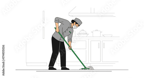 Chef in Kitchen Cleaning and Sanitizing Floor With Mop to Keep Space Clean
