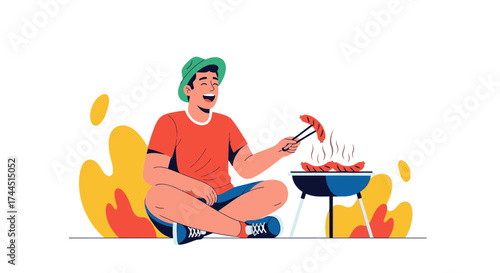 Cheerful Person Grilling Sausages On A Barbecue For A Fun Outdoor Mealtime