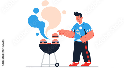 Cheerful Person Grilling Burgers On A Barbecue, Outdoor Cooking, Summer Fun