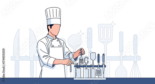 Chef In The Kitchen With Various Utensils Ready For Cooking And Creating Dishes
