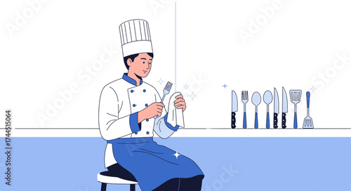Chef in uniform cleaning a fork, a modern minimalist illustration on white background