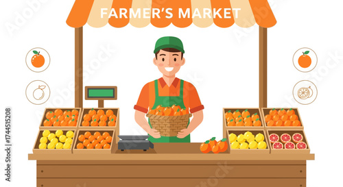 Cheerful Vendor at Local Farmer's Market Displaying Fresh Citrus Fruits and Sunny Produce