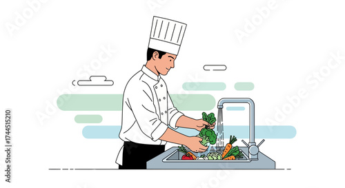 Chef Carefully Washing Fresh Ingredients in Kitchen Preparing Gourmet Meal