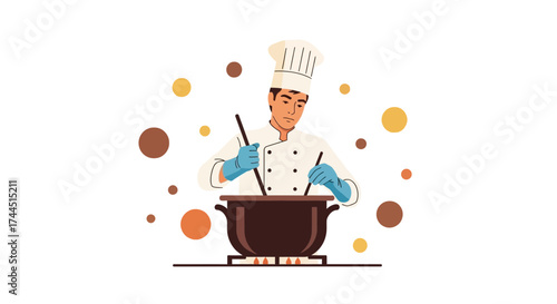 Chef Brewing Concoction Over Fire, Illustrated Cooking Scene with Modern Style Elements.