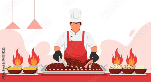 Chef Carving Savory Ribs Alongside Appetizing Sides, Displaying Culinary Mastery