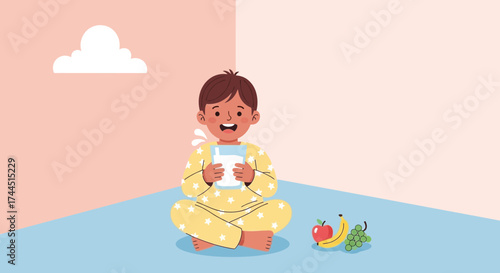 Cheerful Toddler Enjoying Healthy Snack and Refreshing Drink in a Cozy Setting