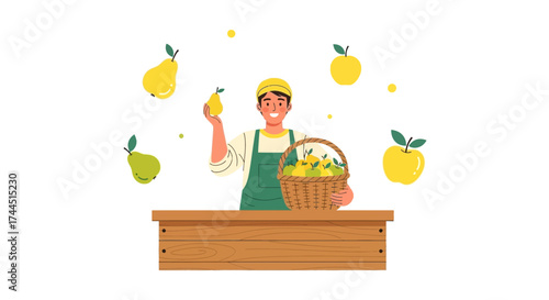 Cheerful Vendor Presenting Freshly Harvested Apples and Pears For Purchase