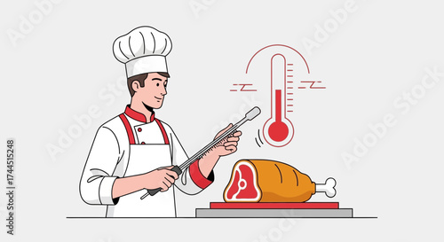 Chef Checking Meat Temperature with Thermometer Cooking Illustration