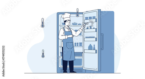 Chef Checking Refrigerator Temperature Ensuring Food Safety and Proper Preservation Techniques