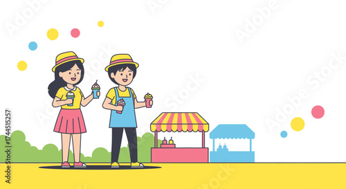 Cheerful Vendors Offering Refreshing Beverages Amidst Colorful Decorations In Summer Season