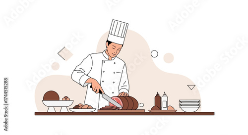 Chef Chopping Meat in Kitchen, Culinary Arts, Cooking, Cuisine, Restaurant Illustration