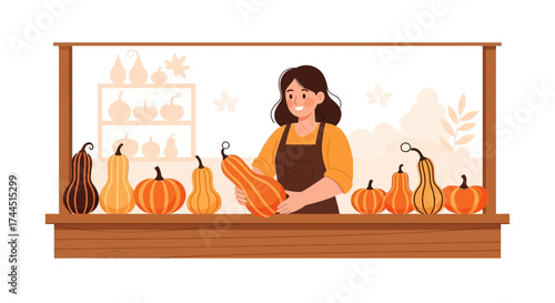 Cheerful Woman Displays Assortment Of Pumpkins, Showcasing Autumnal Harvest Delights