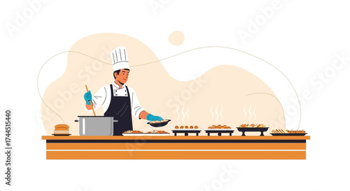 Chef Preparing Gourmet Dishes in a Professional Kitchen, Presentation of Culinary Excellence