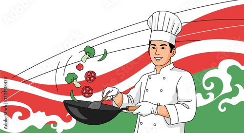 Chef Cooking Vegetables in a Wok Against Pattern, Illustration on a White Background