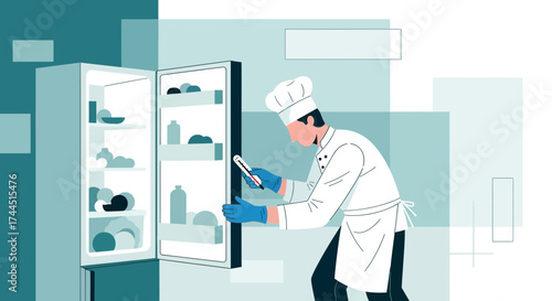 Chef Inspects Refrigerator Contents for Food Safety Using Sophisticated Thermometer