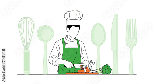 Chef Preparing Fresh Vegetables With Kitchen Utensils In Modern Minimalist Illustration