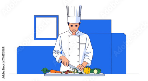 Chef Preparing Fresh Vegetables, Illustrating Culinary Skills, Restaurant Cooking Scene