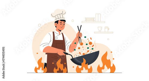 Chef cooking in a wok with flames in a stylish vector flat illustration design