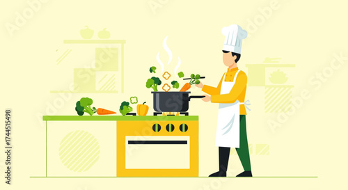 Chef Cooking Vegetables in the Kitchen Preparing Healthy Food for Dining or Recipe