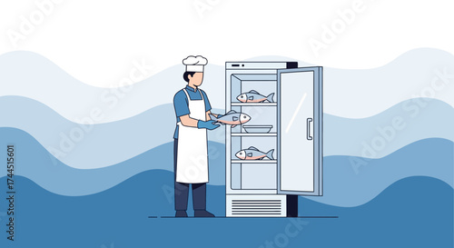 Chef Placing Fresh Fish In Refrigerator In Modern Restaurant For Culinary Preparation