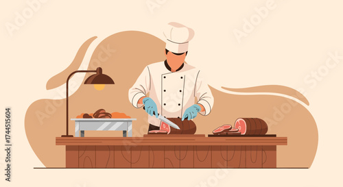 Chef cutting meat with a knife in a restaurant kitchen preparing food for customer service