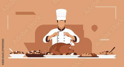 Chef Prepares a Feast with Roasted Meat and Side Dishes For Holiday Celebration