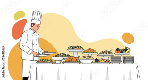 Chef Prepares Delicious Buffet, Serving Festive Food With Artistic Arrangement