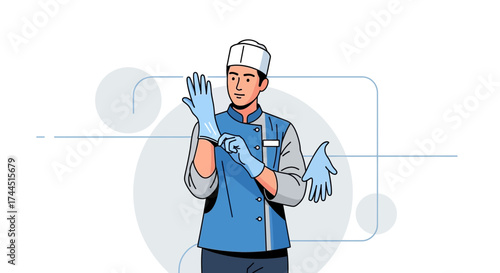 Chef Prepares Before Service By Donning Blue Gloves In Restaurant Kitchen Setting