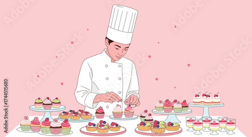 Chef decorating cupcakes with a variety of desserts pink background culinary concept