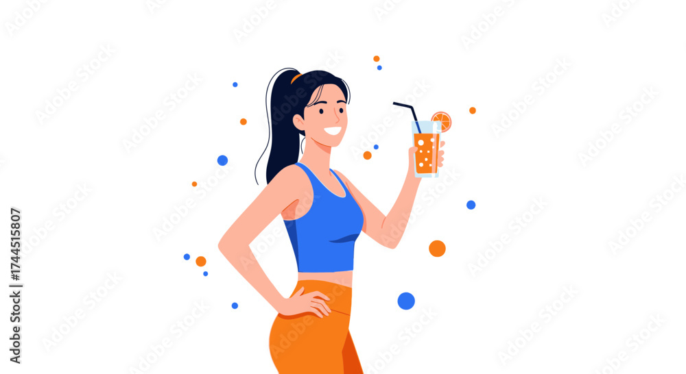 Fototapeta premium Cheerful Woman with Fresh Citrus Juice, Healthy Lifestyle and Wellbeing Concept
