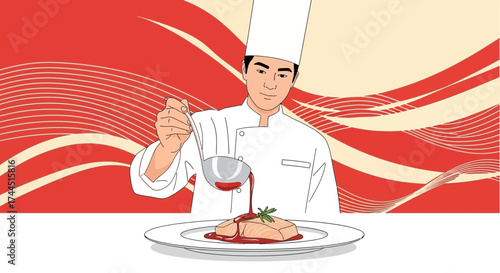Chef Skillfully Plating Meal With Sauce Amidst Artistic Red And Creamy Waves