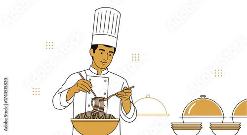 Chef Preparing And Plating Delicious Pasta Dish In A Professional Restaurant Kitchen Setting