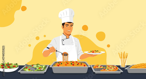Chef preparing and serving food, pasta and pizza in a restaurant kitchen setup