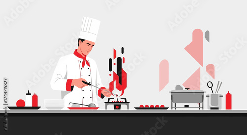 Chef Skillfully Prepares Culinary Delights in a Modern, Stylized Kitchen Setting