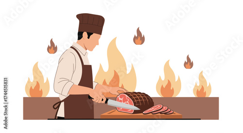 Chef Slicing Cooked Roast With Flames Illustration. Grilling, Preparing Food for Dinner
