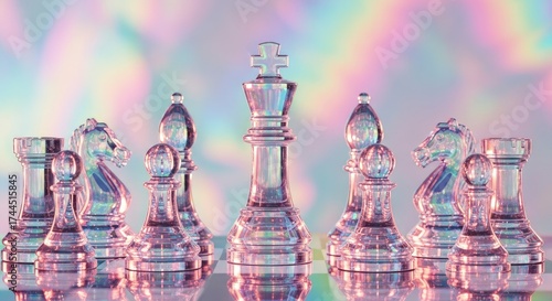Elegant Glass Chess Pieces on Reflective Surface with Rainbow Hues.