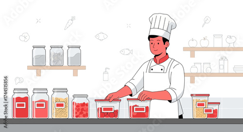 Chef Preparing Ingredients in Pantry for Culinary Creations Kitchen Illustration