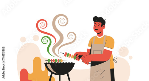 Chef Preparing Barbecue Skewers Over A Grill With Vibrant Illustrations