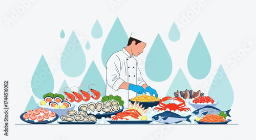 Chef Preparing Seafood Display with Artistic Water Droplets for Gastronomic Delights